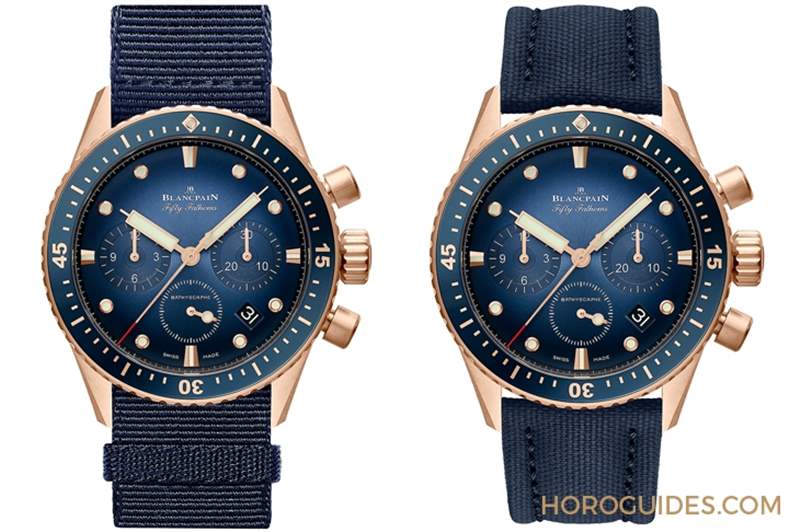 18K紅金藍(lán)面、23級鈦灰面，Blancpain五十噚深潛器飛返計時碼表兩款延伸新作-復(fù)刻表