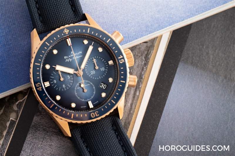 18K紅金藍(lán)面、23級鈦灰面，Blancpain五十噚深潛器飛返計時碼表兩款延伸新作-復(fù)刻表