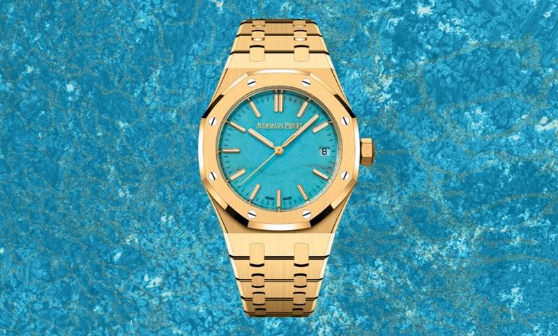 愛彼Royal Oak皇家橡樹自動上鏈腕表，黃金表殼搭配天然綠松石表面-復(fù)刻表